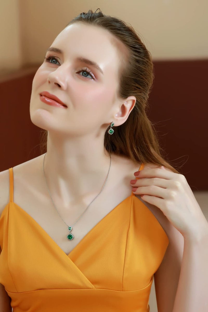 B. BRILLIANT Drop Earrings for Women Sterling Silver Necklace Synthetic Green Quartz and White Topaz Pendant Dangle Ear Emerald Color Jewelry Set for Bridesmaids Prom - Image 3